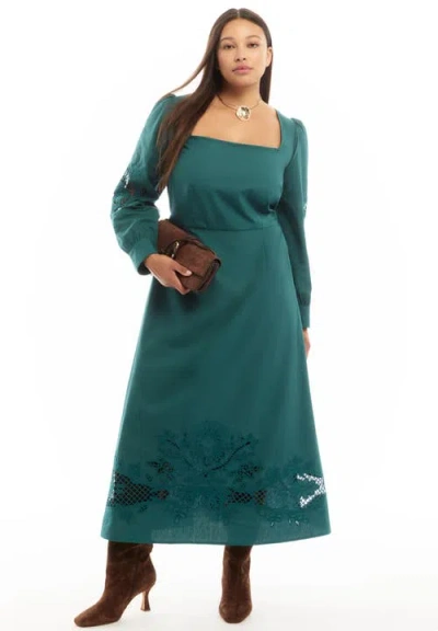June + Vie Puff Sleeve Poplin Midi Dress In Green