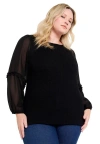 June + Vie Puff-sleeve Smocked Blouse In Black
