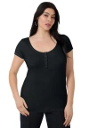 June + Vie Ribbed Henley Top In Black