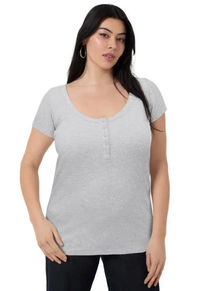 June + Vie Ribbed Henley Top In Gray