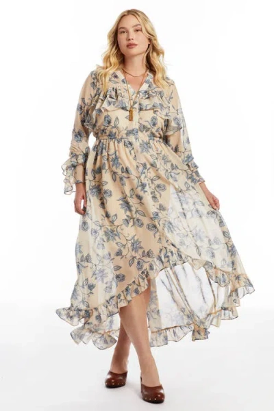 June + Vie Ruffle Detail Maxi Shirt Dress In Neutral