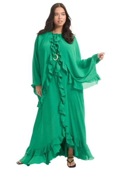 June + Vie Ruffled Chiffon Cape Maxi Dress In Green