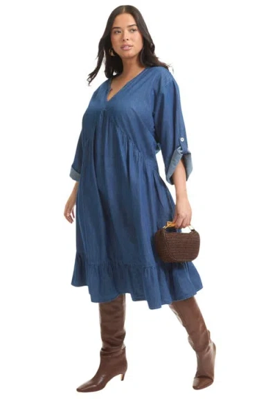 June + Vie Ruffled Denim Dress In Blue