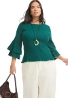 June + Vie Ruffled Long-sleeve Sweater In Green