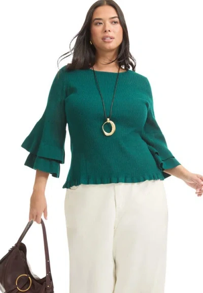 June + Vie Ruffled Long-sleeve Sweater In Green