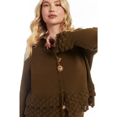 June + Vie Ruffled Peplum Cardigan Sweater In Brown