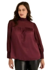 June + Vie Satin Mockneck Blouse In Burgundy