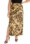 June + Vie Satin Side-slit Midi Skirt In Brown