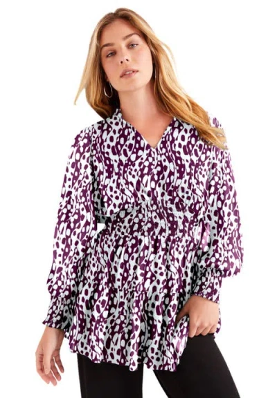 June + Vie Smocked Georgette Tunic In Brown