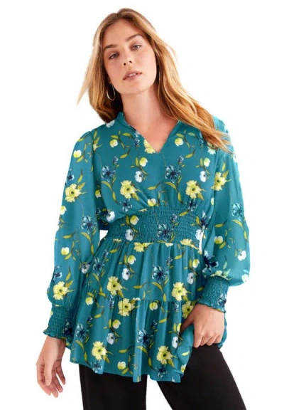 June + Vie Smocked Georgette Tunic In Green