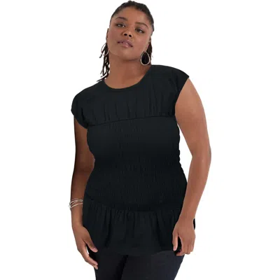 June + Vie Smocked Peplum Top In Black