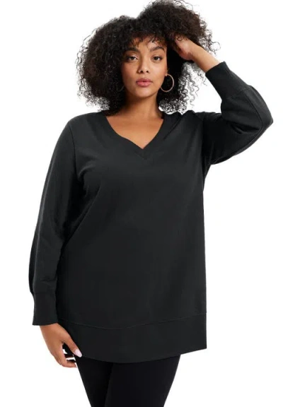 June + Vie V-neck French Terry Sweatshirt In Black