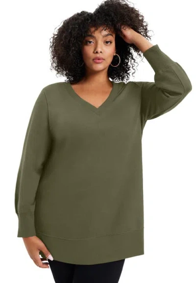 June + Vie V-neck French Terry Sweatshirt In Green