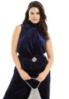 June + Vie Velvet Mock Neck Peplum Top In Blue