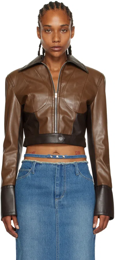 Juneyen Brown Paneled Faux-leather Bomber Jacket