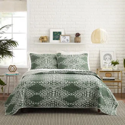 Jungalow Aisha 100% Cotton Reversible Quilt Set – Sage Green Global-inspired Boho Bedding In Green;gray
