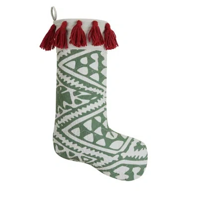 Jungalow Boho Green Holiday Stocking With Tassels In White,green,red