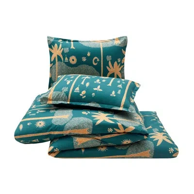Jungalow Cosmic Desert 100% Cotton Tropical 3-piece Duvet Cover Set – Boho Printed Bedding In Green