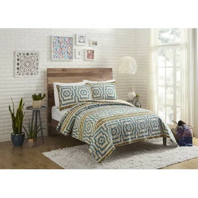 Jungalow Hypnotic Blue 100% Cotton Boho Lightweight Quilt Set In Beige,blue,gray