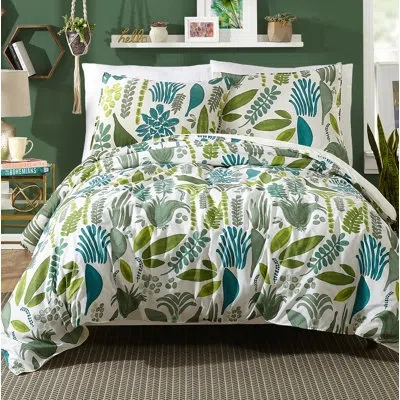 Jungalow Jardin 100% Cotton Botanical Duvet Cover Set – Boho Tropical Green/blue Leaf Print Bedding In Blue;white;green
