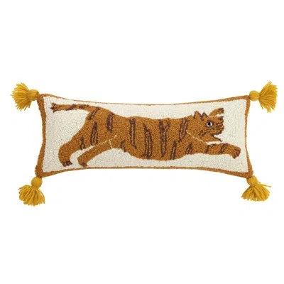 Jungalow Justina Tiger Wool Hook Pillow With Tassels In Gold