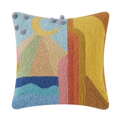 Jungalow One Day Wool Hook Pillow With Pom Poms By  In Blue;beige;gold