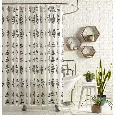 Jungalow Prosperity 100% Cotton Fabric Shower Curtain – Modern Black Diamond Print, Boho Bathroom Decor In Black;ivory