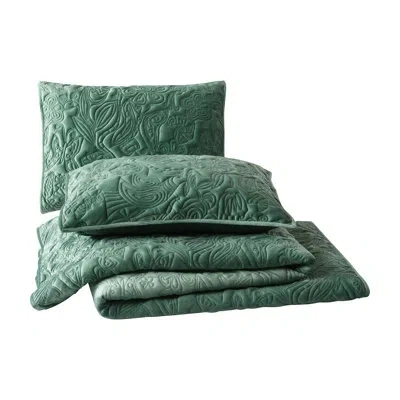 Jungalow Secret Garden Green Floral Stitched Velvet Quilt Set – Soft & Plush Bedding