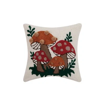 Jungalow Shroomy Pom Pom Wool Hook Pillow By  In Green;red;gold