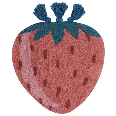 Jungalow Strawberry Shaped Wool Hook Pillow With Tassels In Green;red