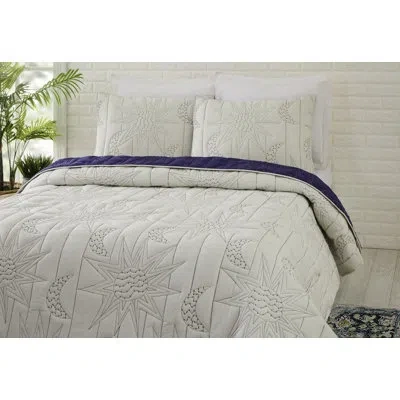 Jungalow Sun And Moon Embroidered Reversible Quilt Set In Natural,blue
