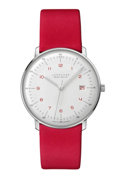 Pre-owned Junghans Max Bill Mega Solar Red Leather Strap Watch 59/4325.02