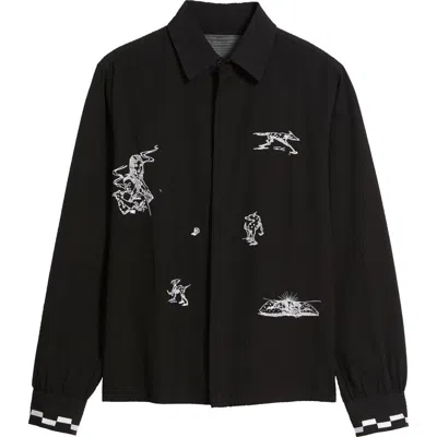 Jungles Live Life With Ease Embroidered Button-up Shirt In Black