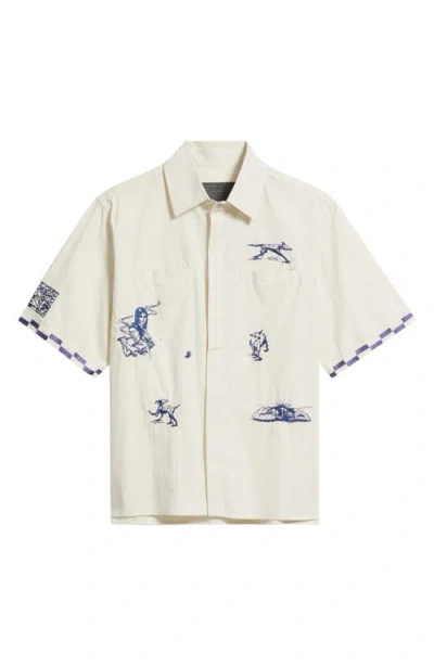 Jungles Live Life With Ease Embroidered Short Sleeve Poplin Button-up Shirt In White