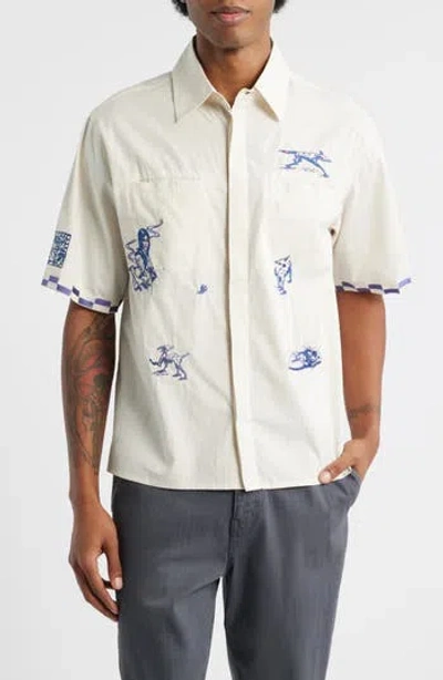 Jungles Live Life With Ease Embroidered Short Sleeve Poplin Button-up Shirt In Brown