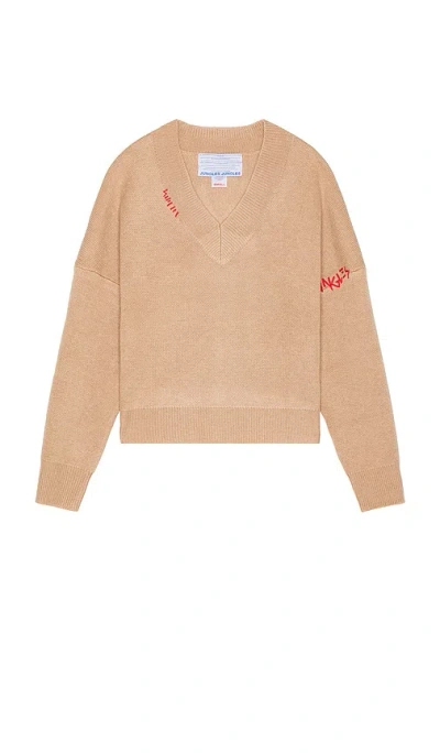 Jungles Logo Boxy V Neck Knit Sweater In Tan