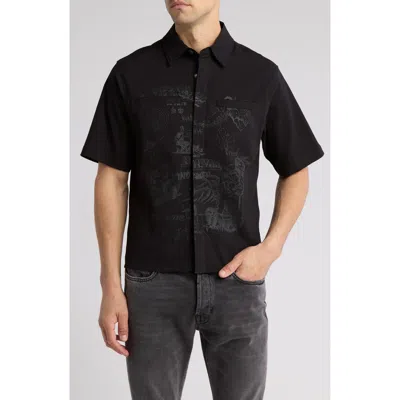 Jungles Scribbles Short Sleeve Cotton Seersucker Button-up Shirt In Black