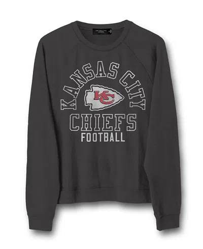 Junk Food Clothing Women's Nfl Kansas City Chiefs Flocked Raglan Crew Fleece Sweatshirt In Vintage-like Black