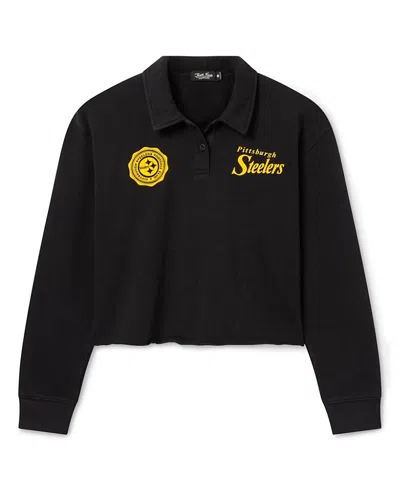 Junk Food Clothing Women's Pittsburgh Steelers Polo Crop Fleece In True Black