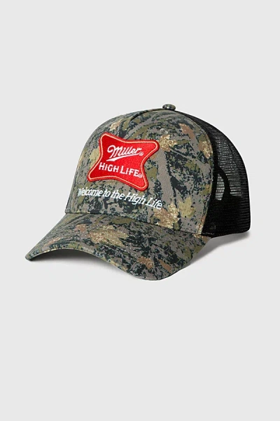 Junk Food Miller High Life Camo Trucker Hat In Camo, Men's At Urban Outfitters In Green