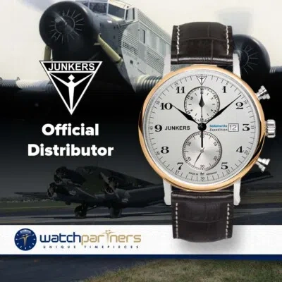 Pre-owned Junkers South America Swiss Quartz 41mm Chrono Watch Gold Bezel Silv Dial 6586-5