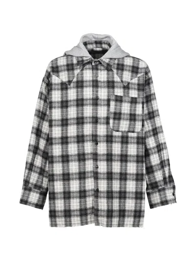 Jun/nakayama Check-pattern Hooded Shirt In Black