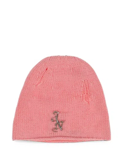 Jun/nakayama Distressed Logo-plaque Beanie Hat In Pink