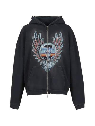 Jun/nakayama Feather-print Zip-up Hoodie In Black