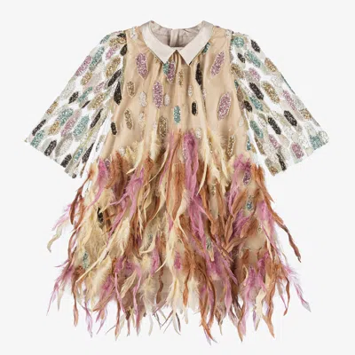 Junona Kids' Girls Gold Sequin & Feather Dress