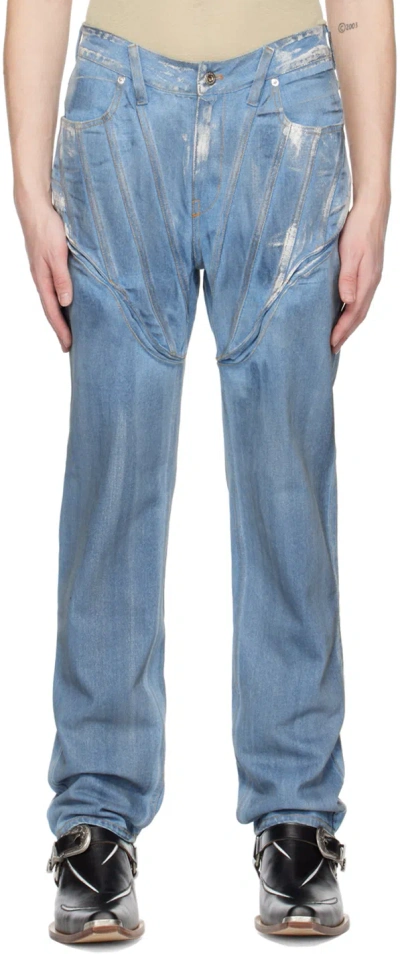 Juntae Kim Blue Painted Corset Jeans In Washed Blue