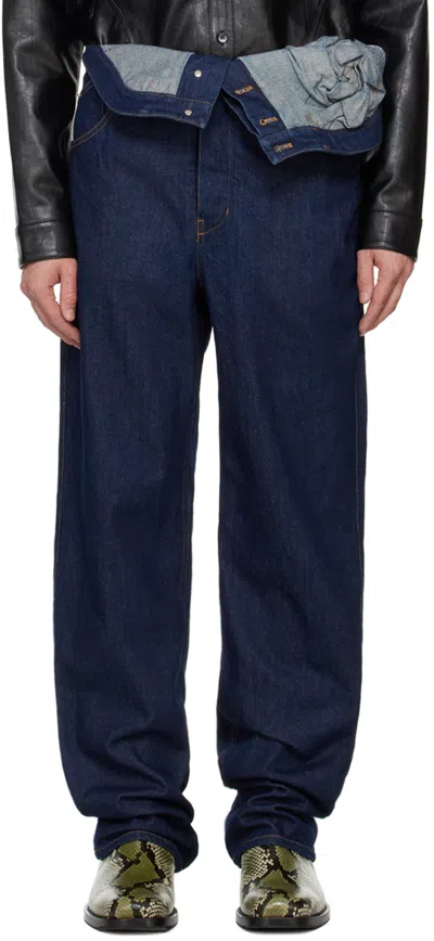 Juntae Kim Indigo Asymmetric Flower Jeans In Indigo Blue