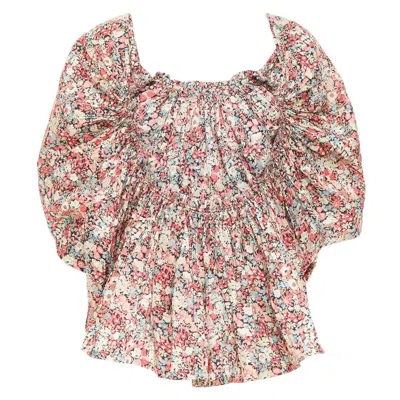 Pre-owned Junya Watanabe 2007 Multicolor Ditsy Floral Gathered Smocked Cotton Blouse S In Beige