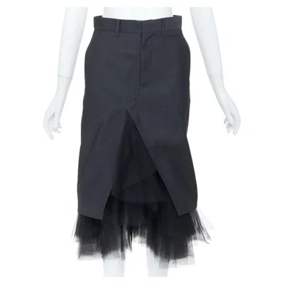 Pre-owned Junya Watanabe 2018 Grey Wool Twill Black Tulle Hem Insert Midi Skirt Xs In Gray