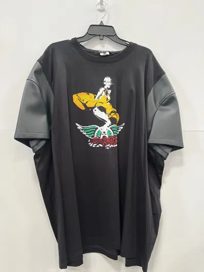 Pre-owned Junya Watanabe Aerosmith Leather Sleeve T-shirt In Black